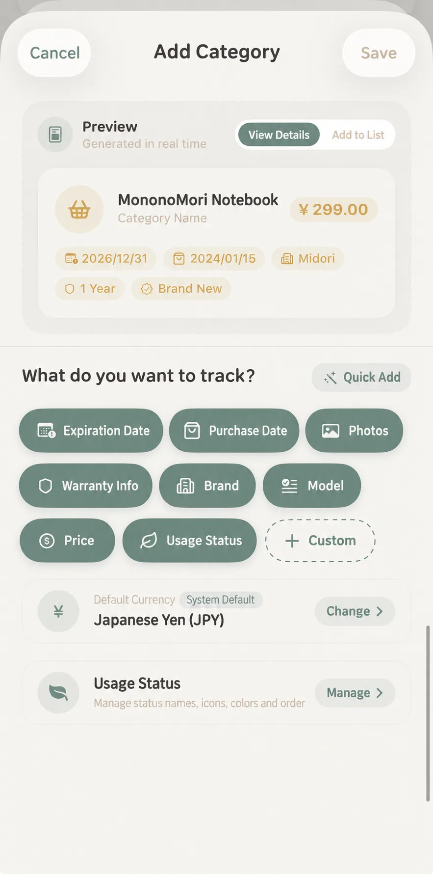 Status management entry inside category settings