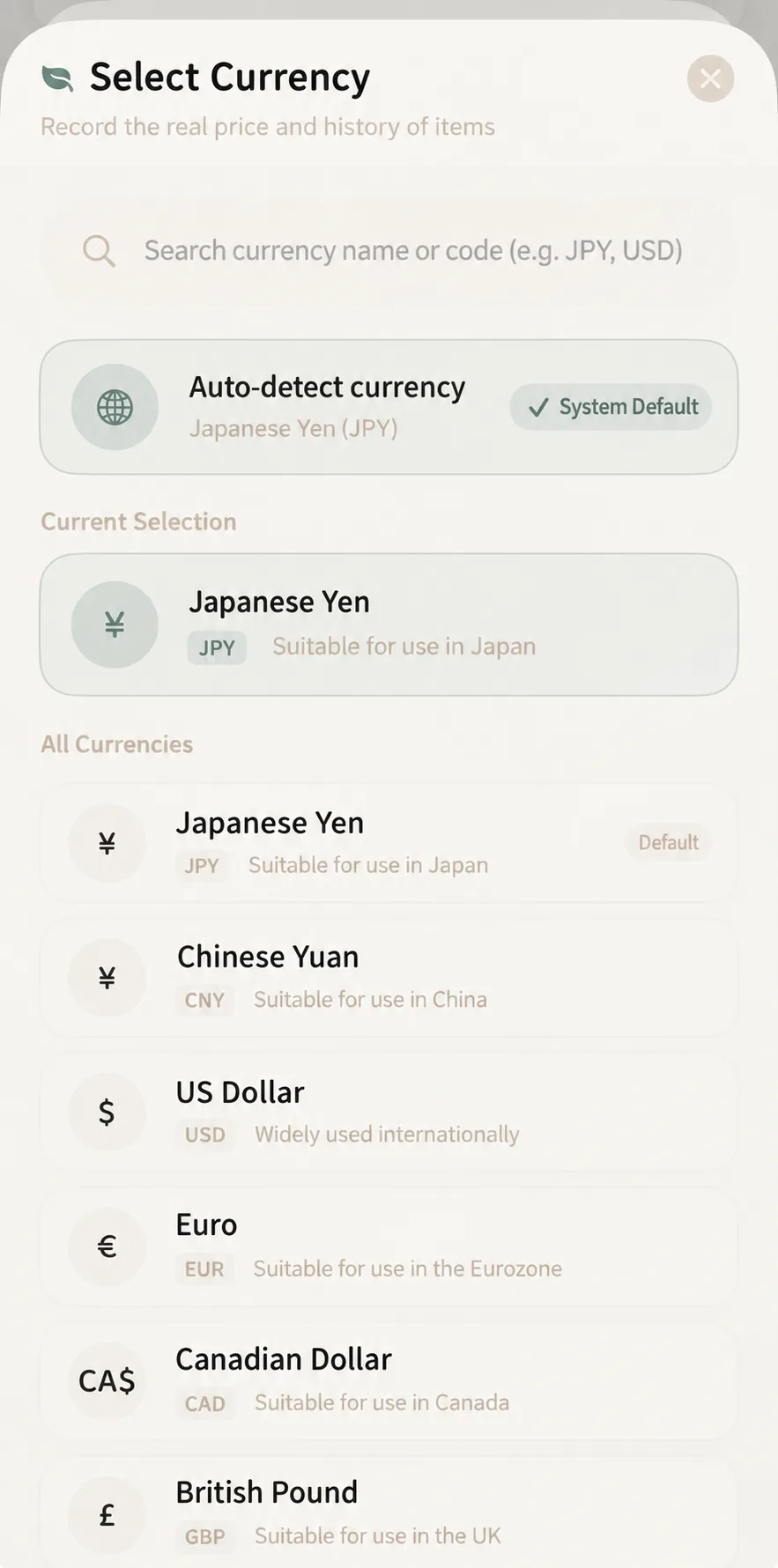Multi-currency selection picker