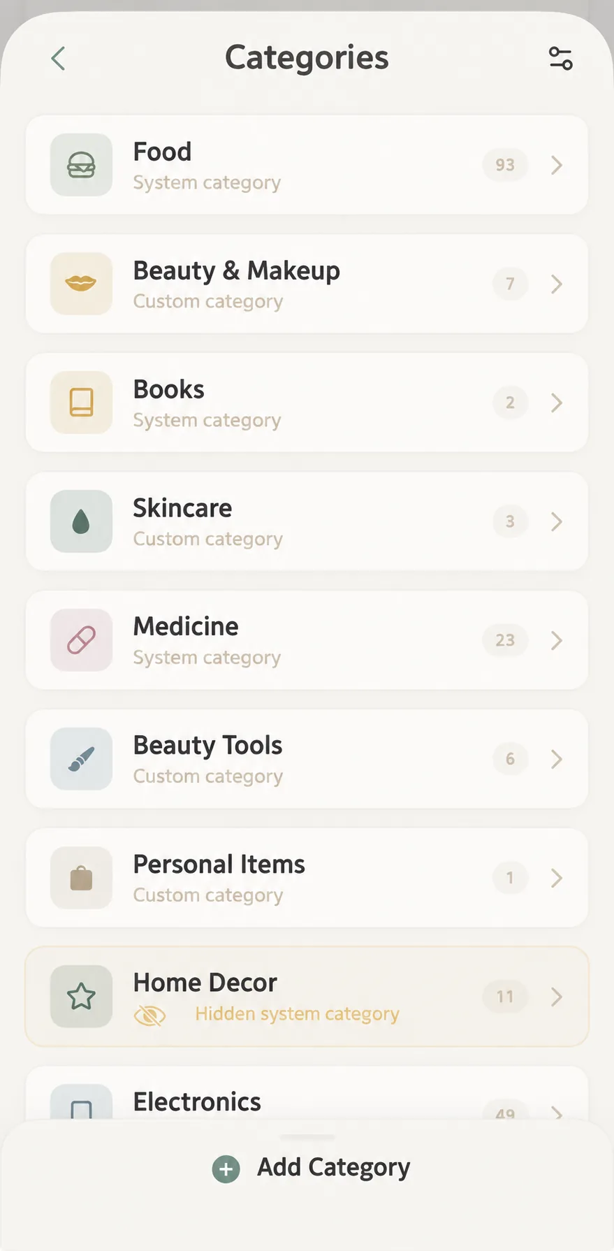 Category list overview