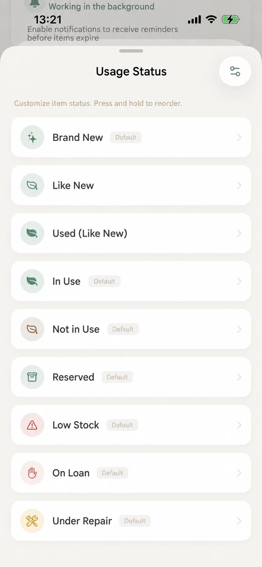 Status list overview