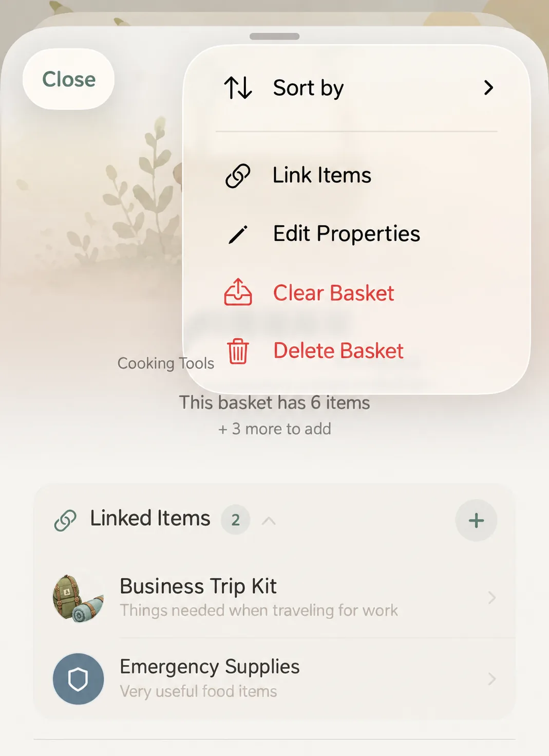 Basket Connections option in basket top-right menu