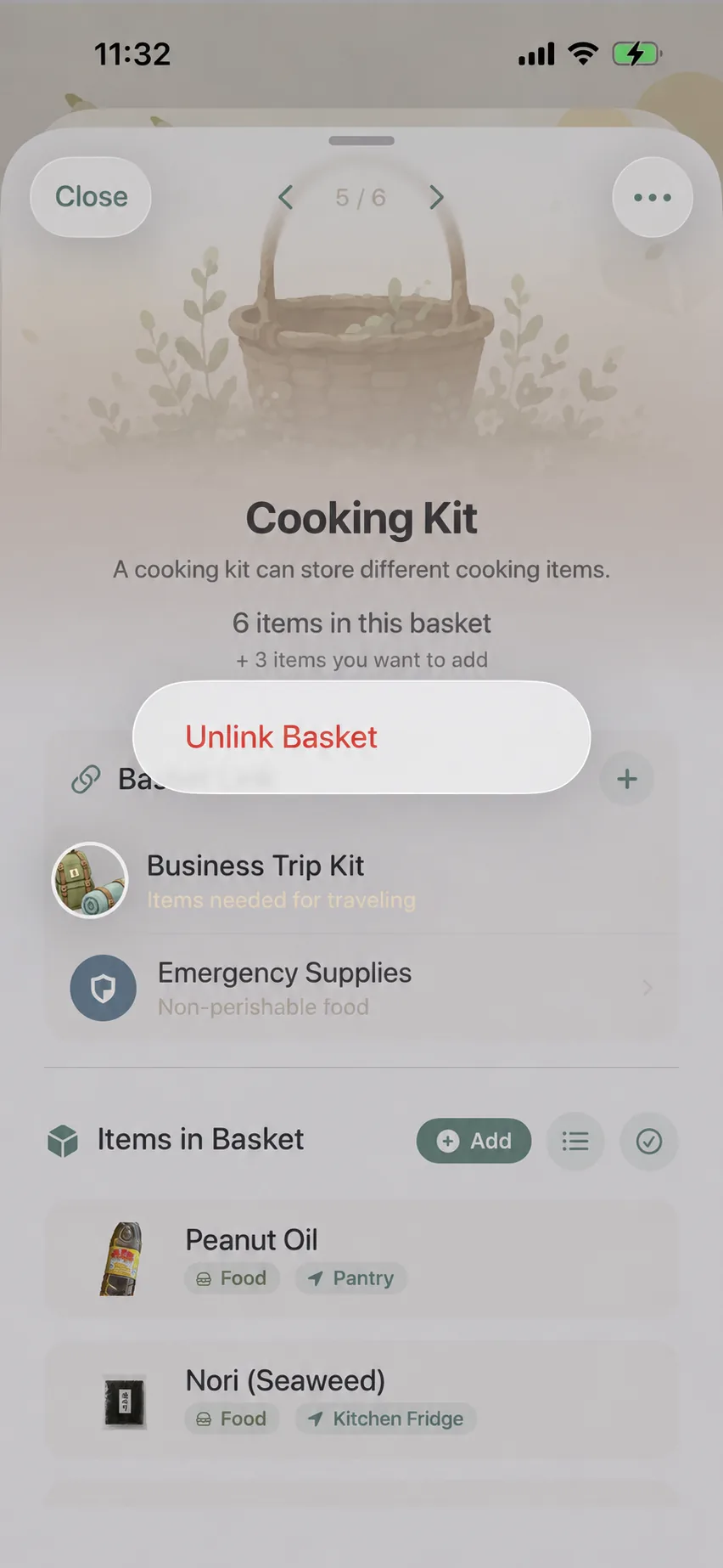 Long press on linked basket displays unlink popup