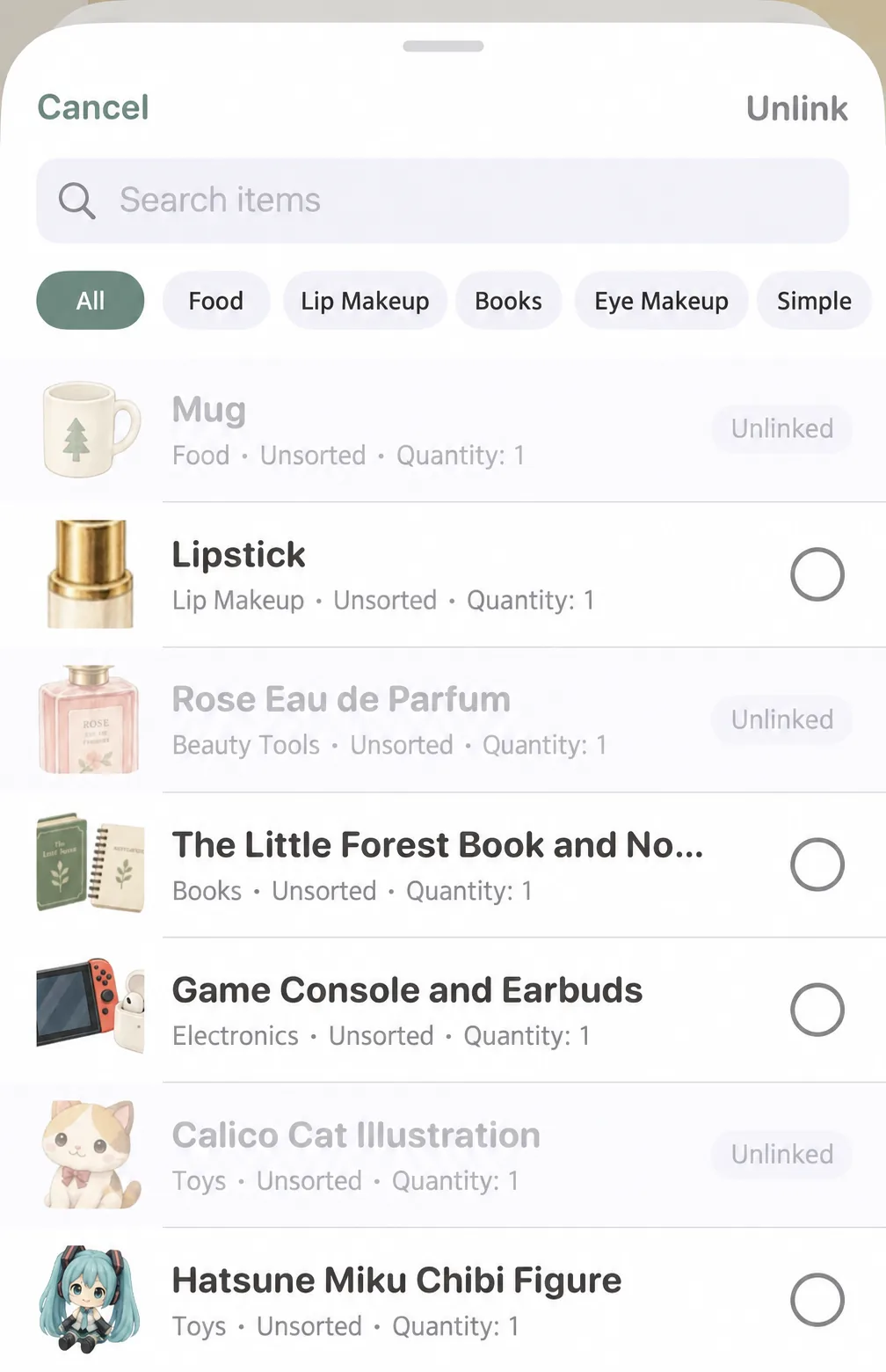 Item connection selection sheet with search bar and category filters