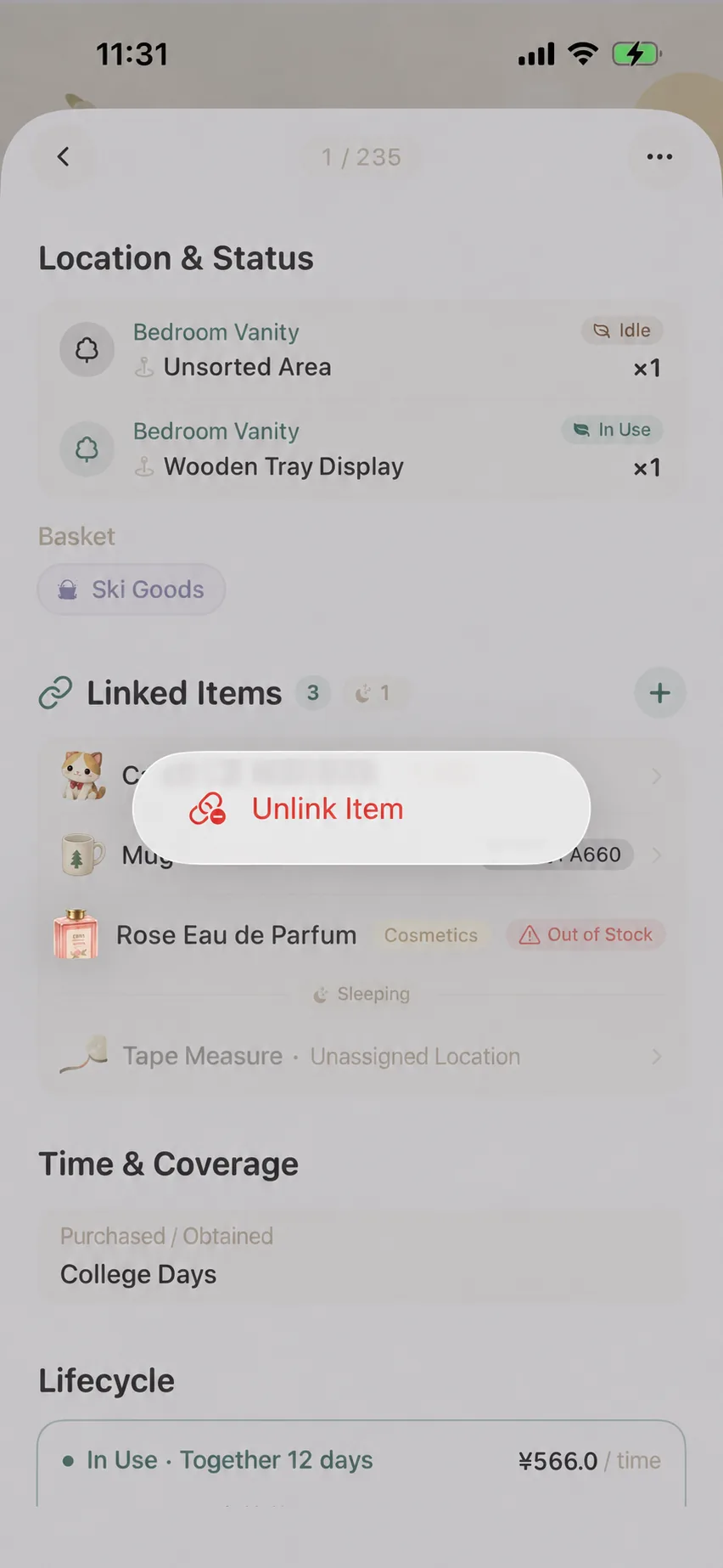 Long-press context menu and hibernating badge within connections card