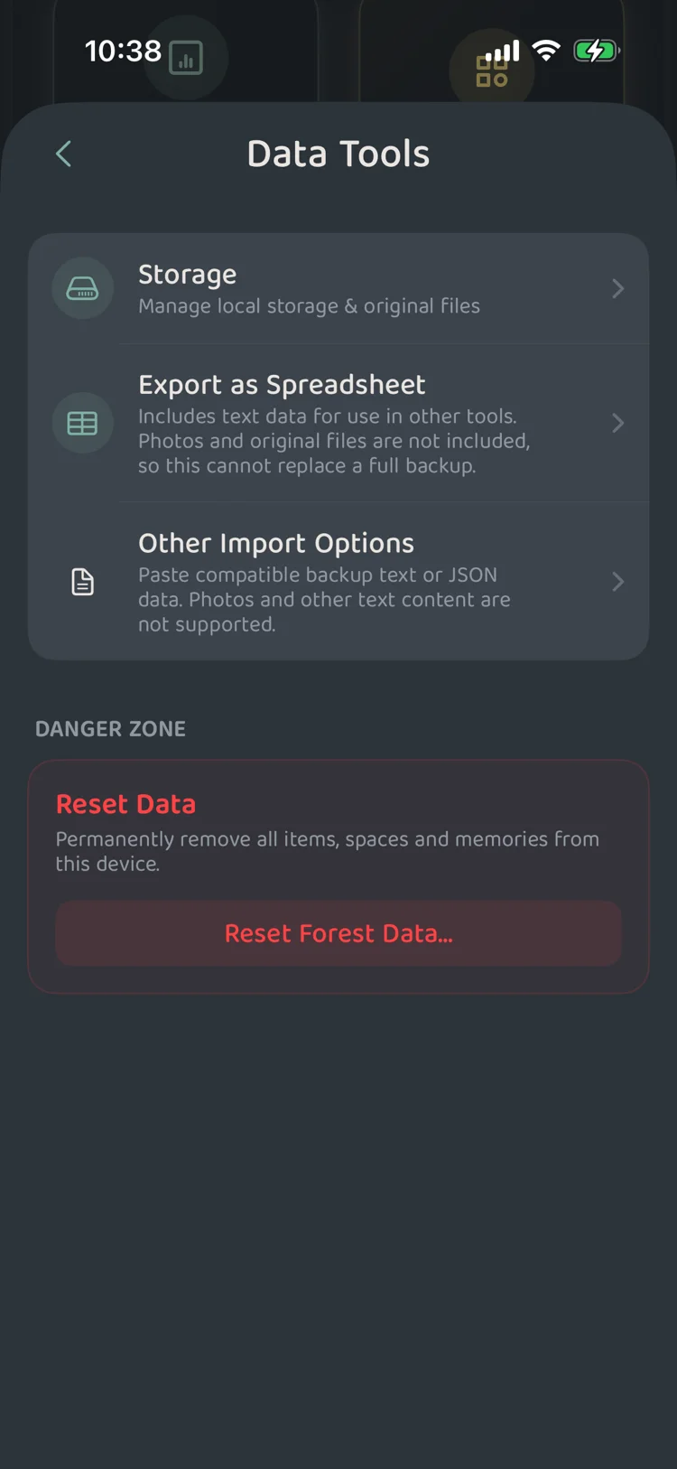 Data toolbox screen showing utilities