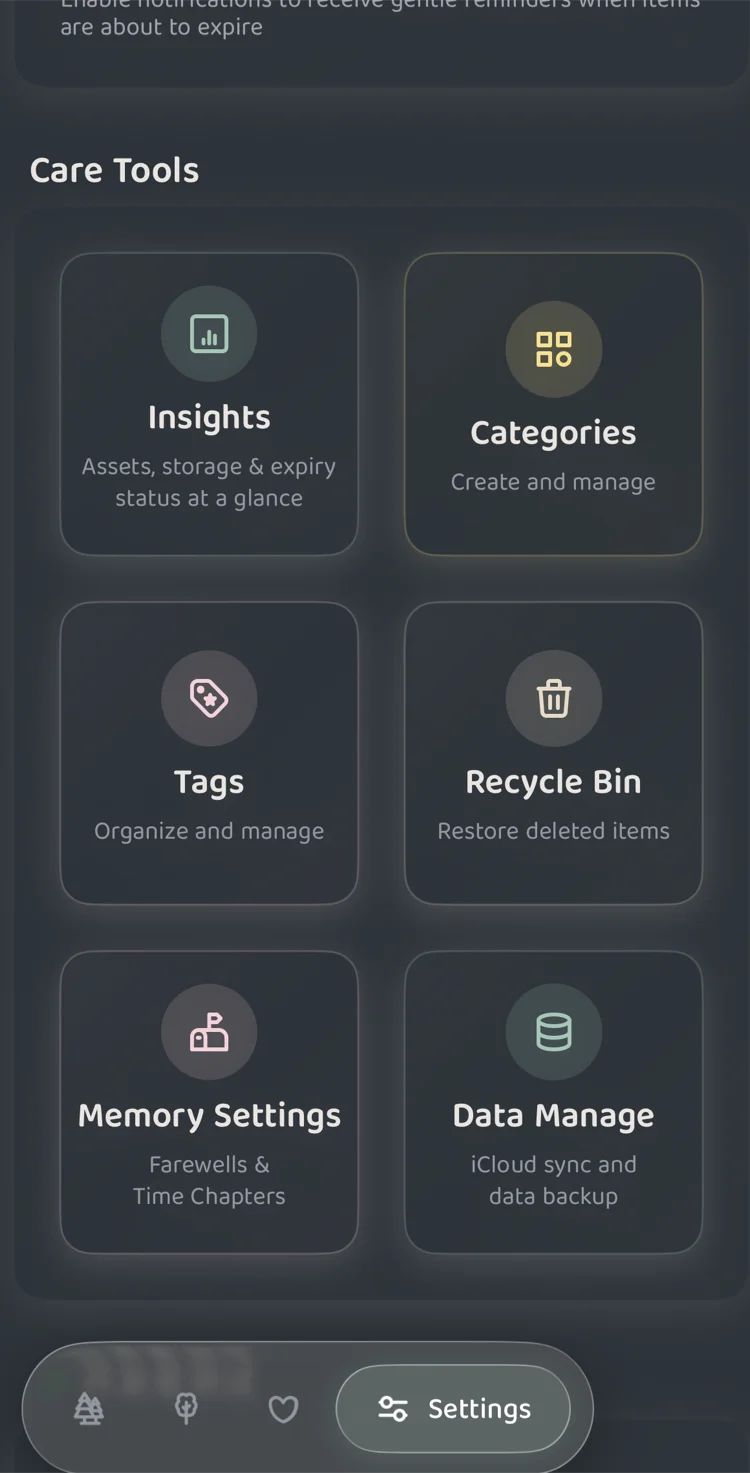 Data Manage card under Care Tools in Settings