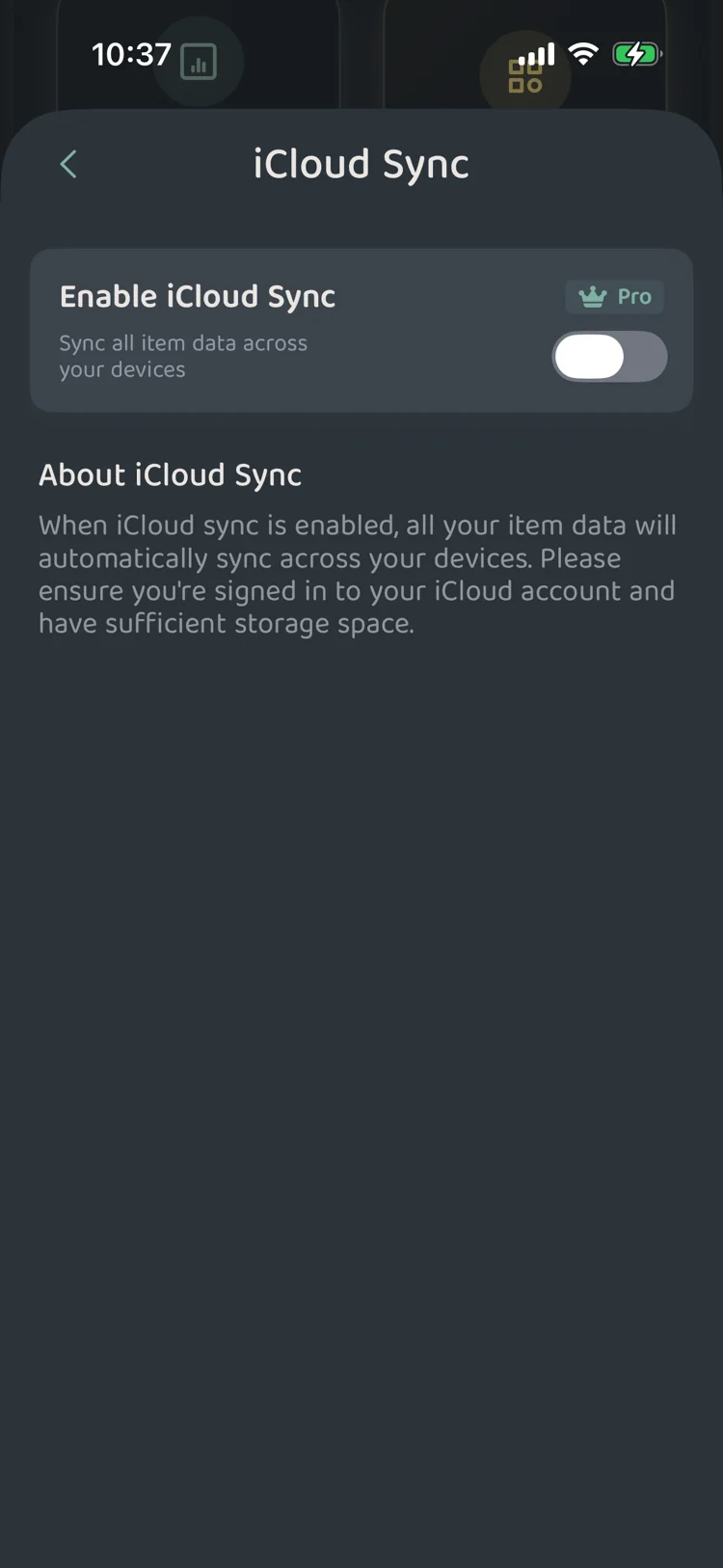 iCloud synchronization status screen