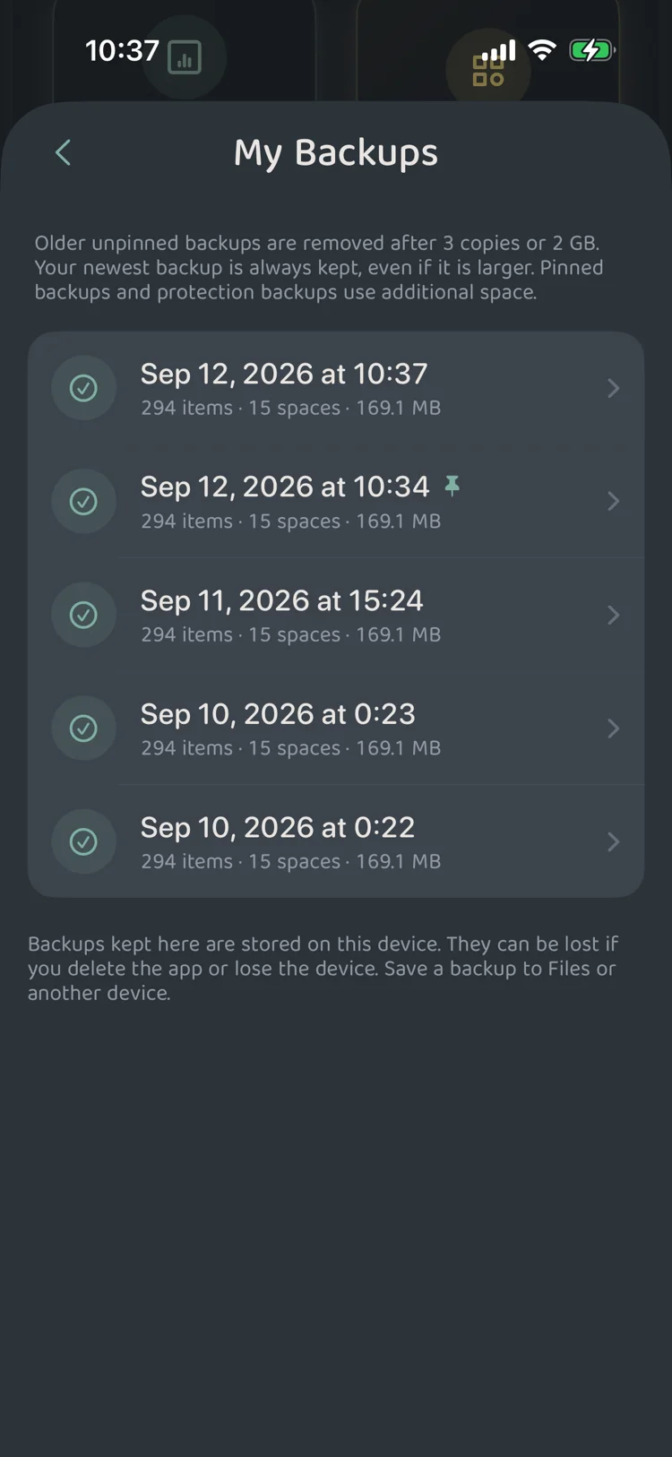 My Backups list showing pinned items