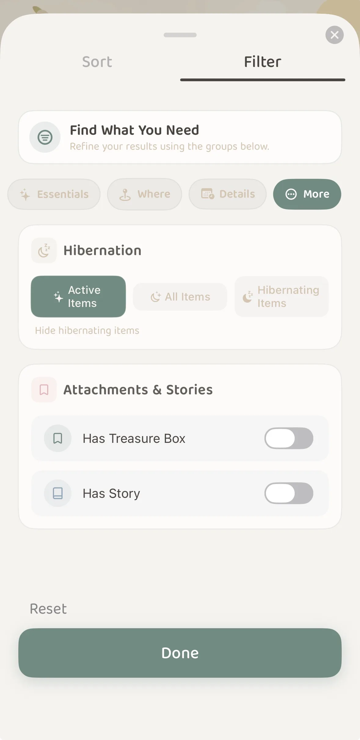 Filter panel showing Hibernation mode options under the More tab