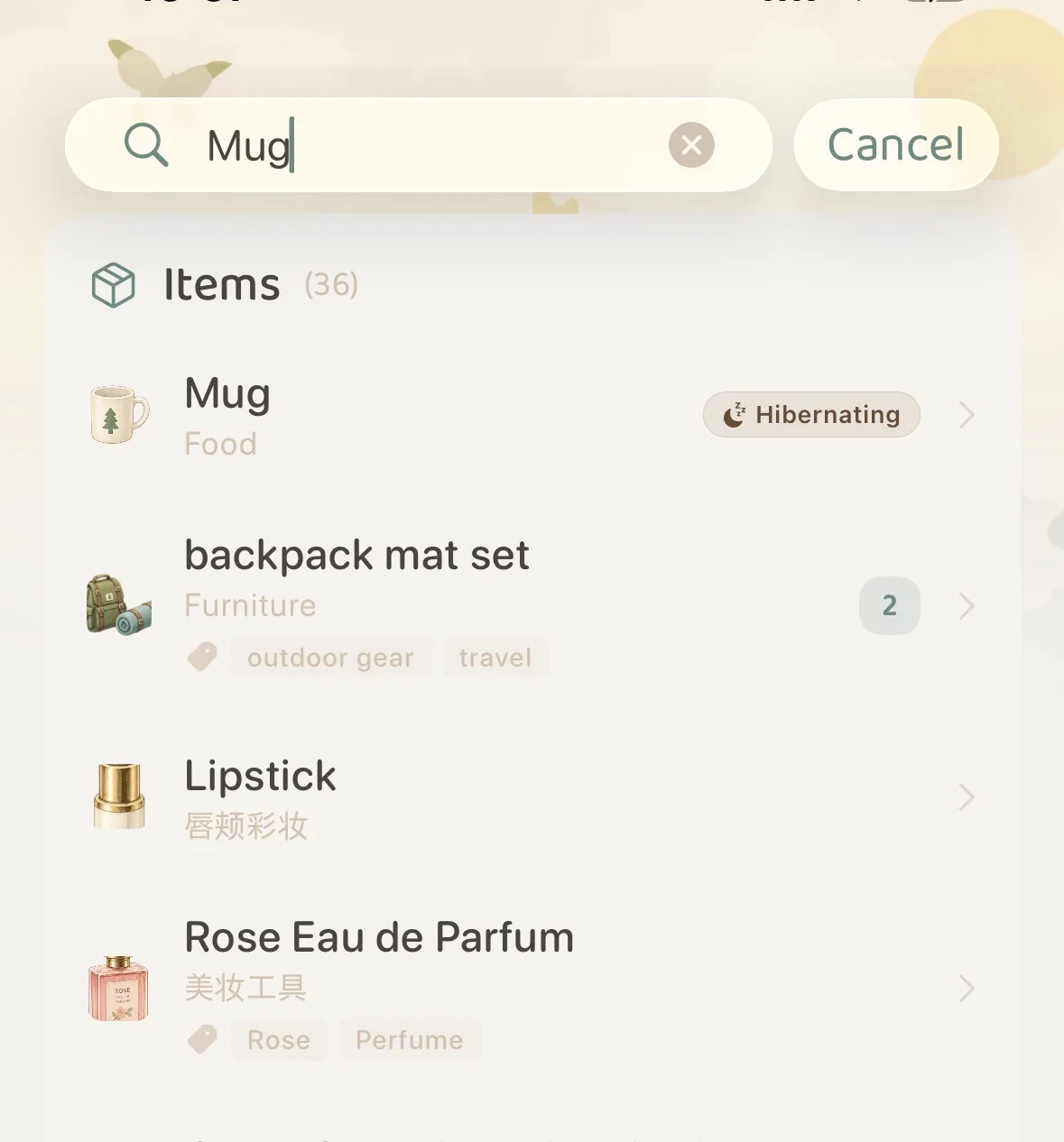 Search results displaying sleeping items with the Hibernating badge