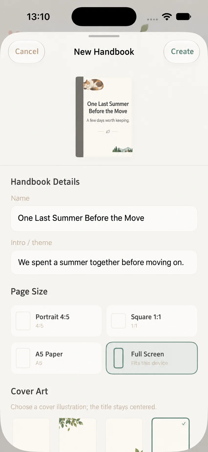 Configuring handbook title, page dimensions, and cover theme