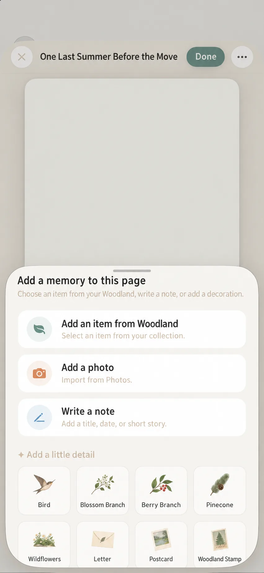 Selecting items, photos, or text as page elements
