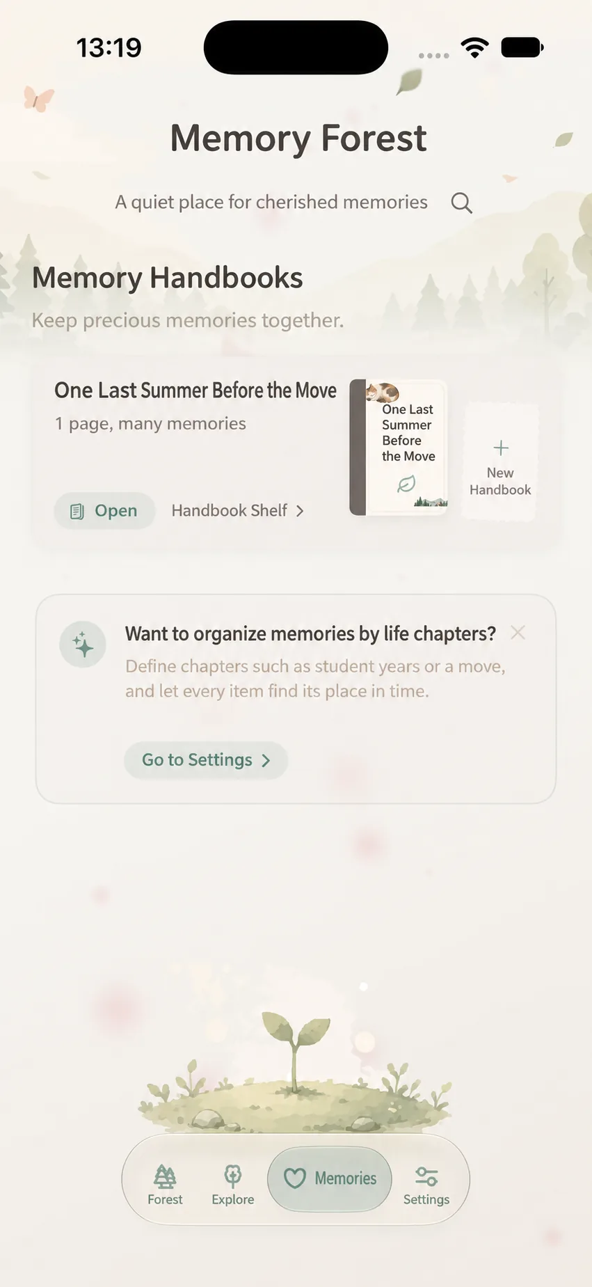 Memory handbook shelf and organization controls