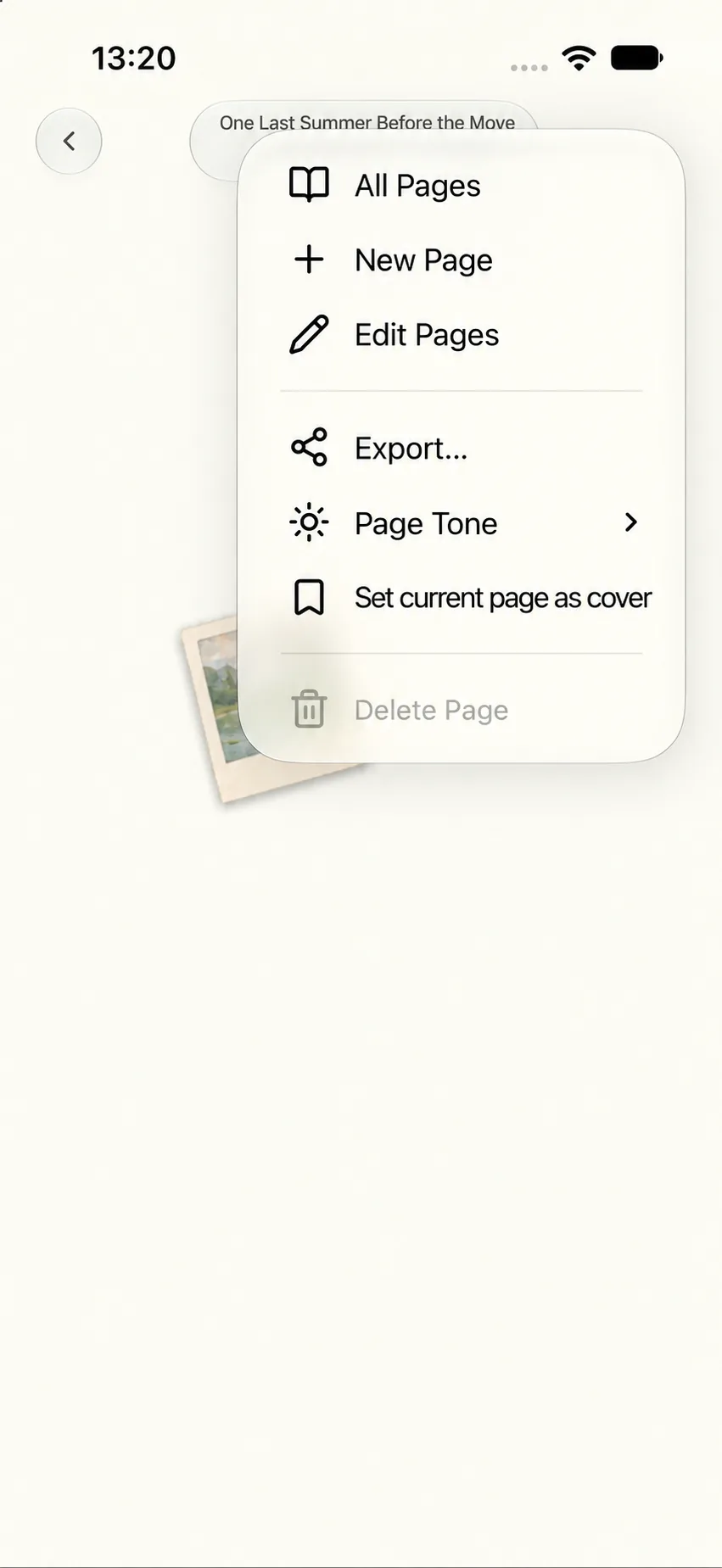 Page management entries inside reader overflow menu