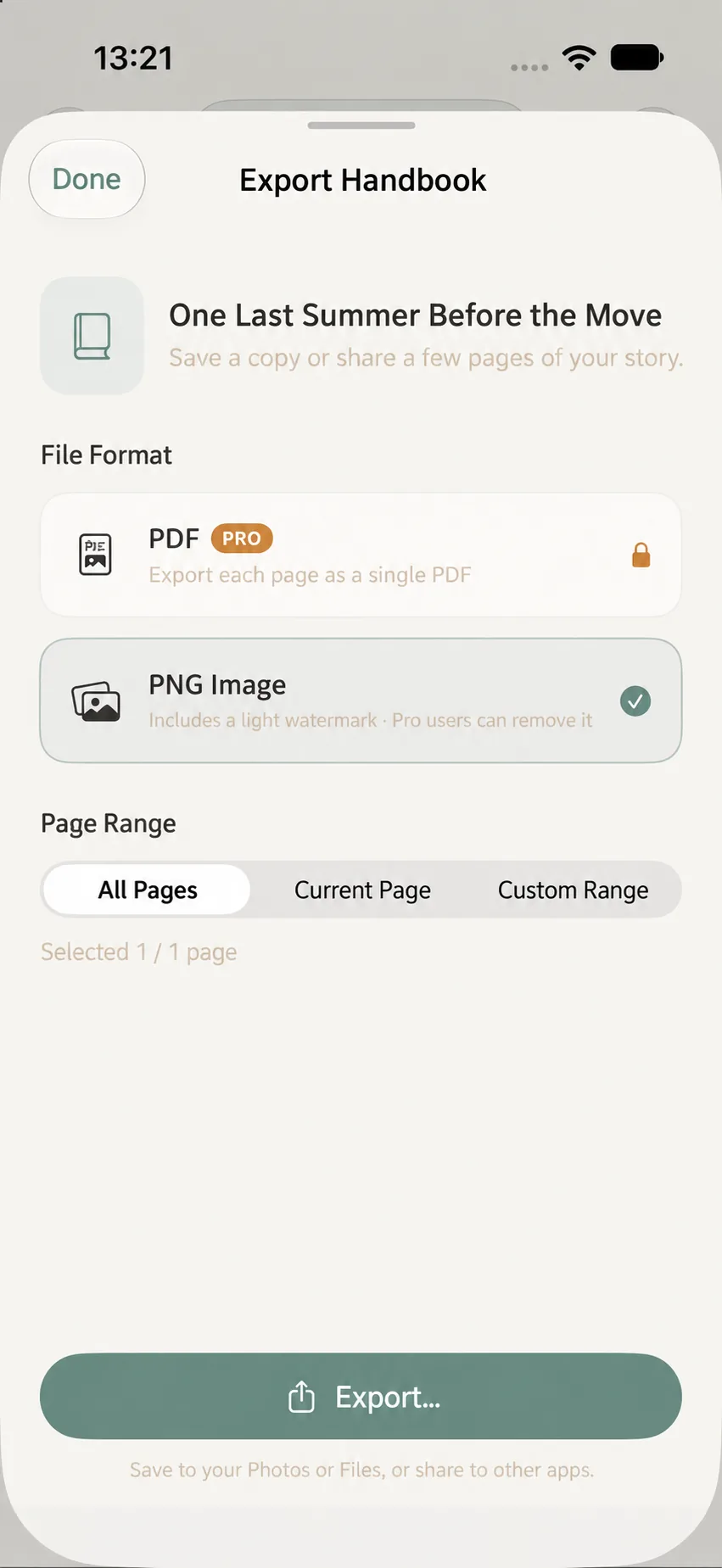 Handbook export options sheet