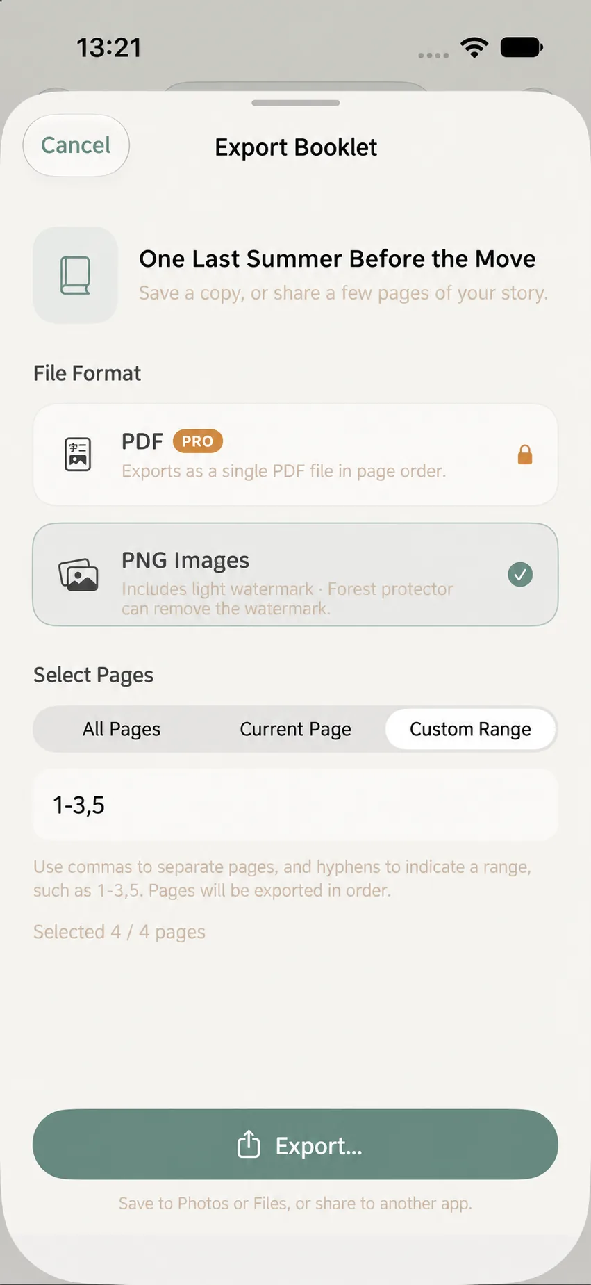 Entering custom page ranges for export
