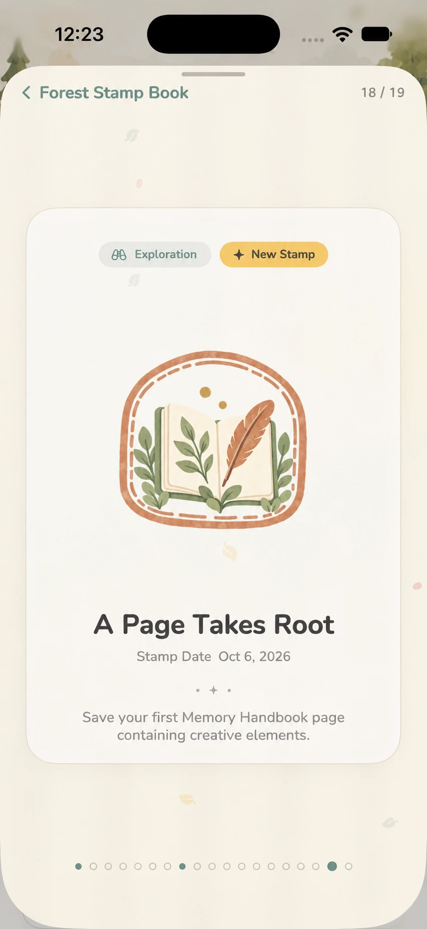 A Page Takes Root stamp with watercolor artwork, date and saved-page condition