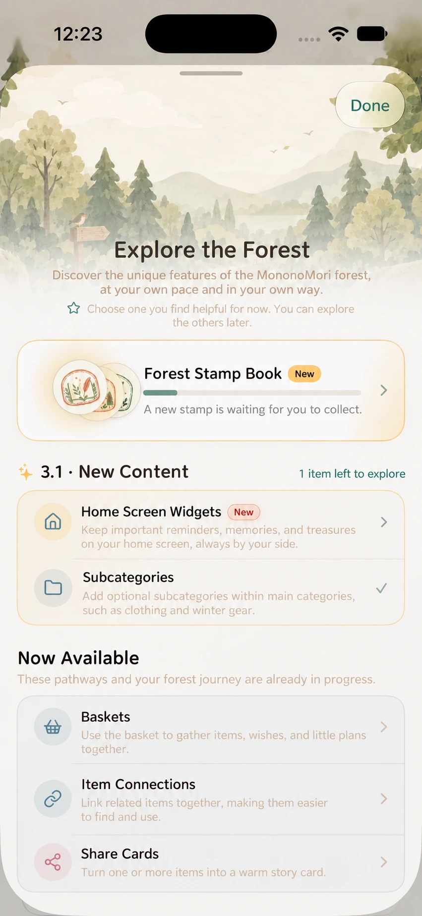 Forest Stamp Book card and new-stamp marker in Explore the Forest