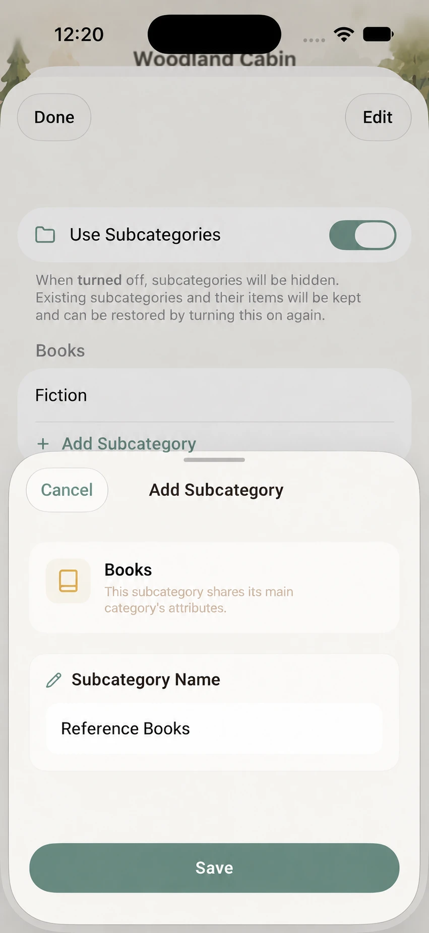 Reference subcategory name and Save button