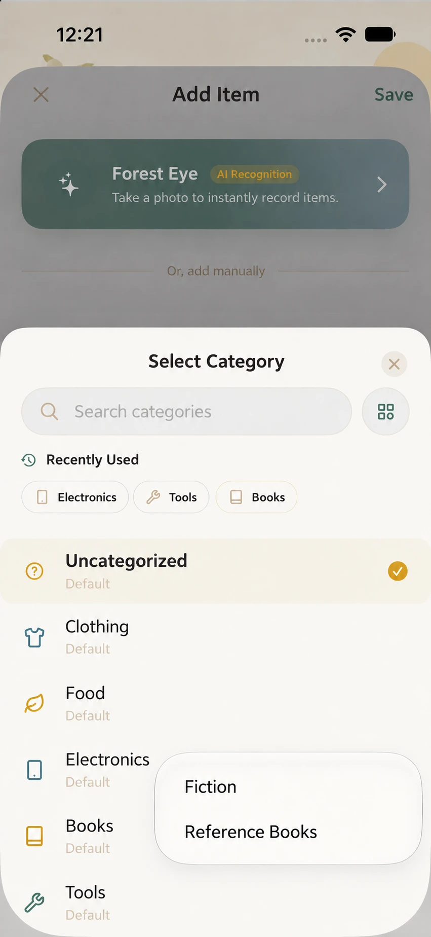 Fiction and Reference options beside Books in the item category picker
