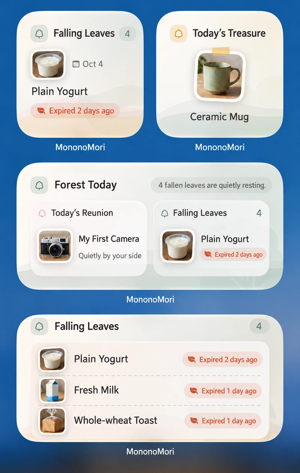 Widget examples featuring yogurt, a ceramic mug, a camera, milk and bread