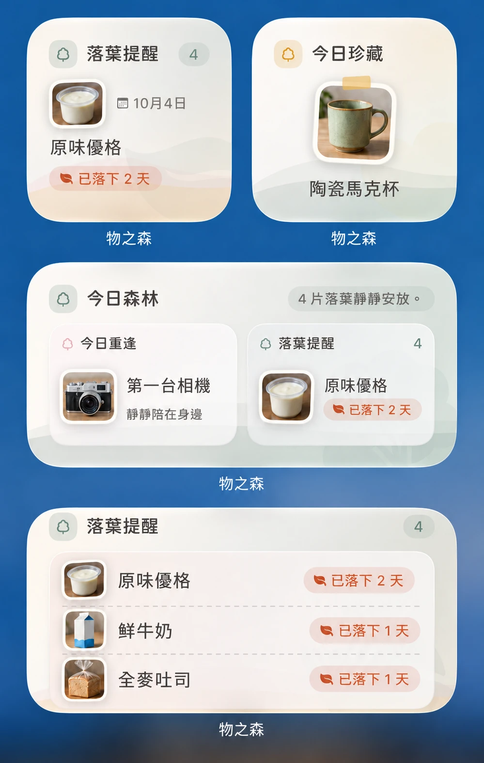 小工具示意圖：小號落葉提醒與今日珍藏、中號今日森林和落葉提醒，使用酸奶、馬克杯、相機、牛奶和吐司作為示例
