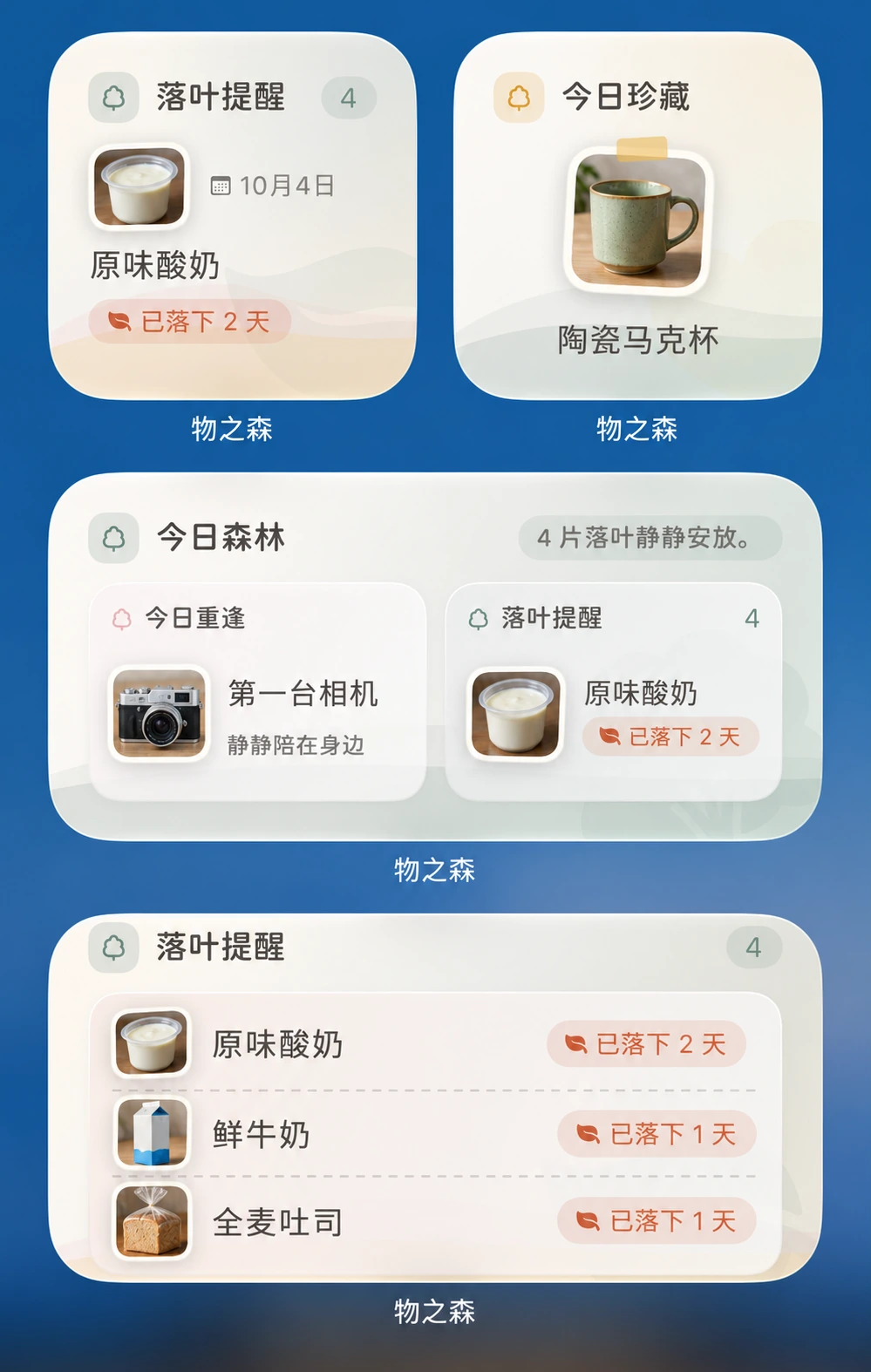 小组件示意图：小号落叶提醒与今日珍藏、中号今日森林和落叶提醒，使用酸奶、马克杯、相机、牛奶和吐司作为示例