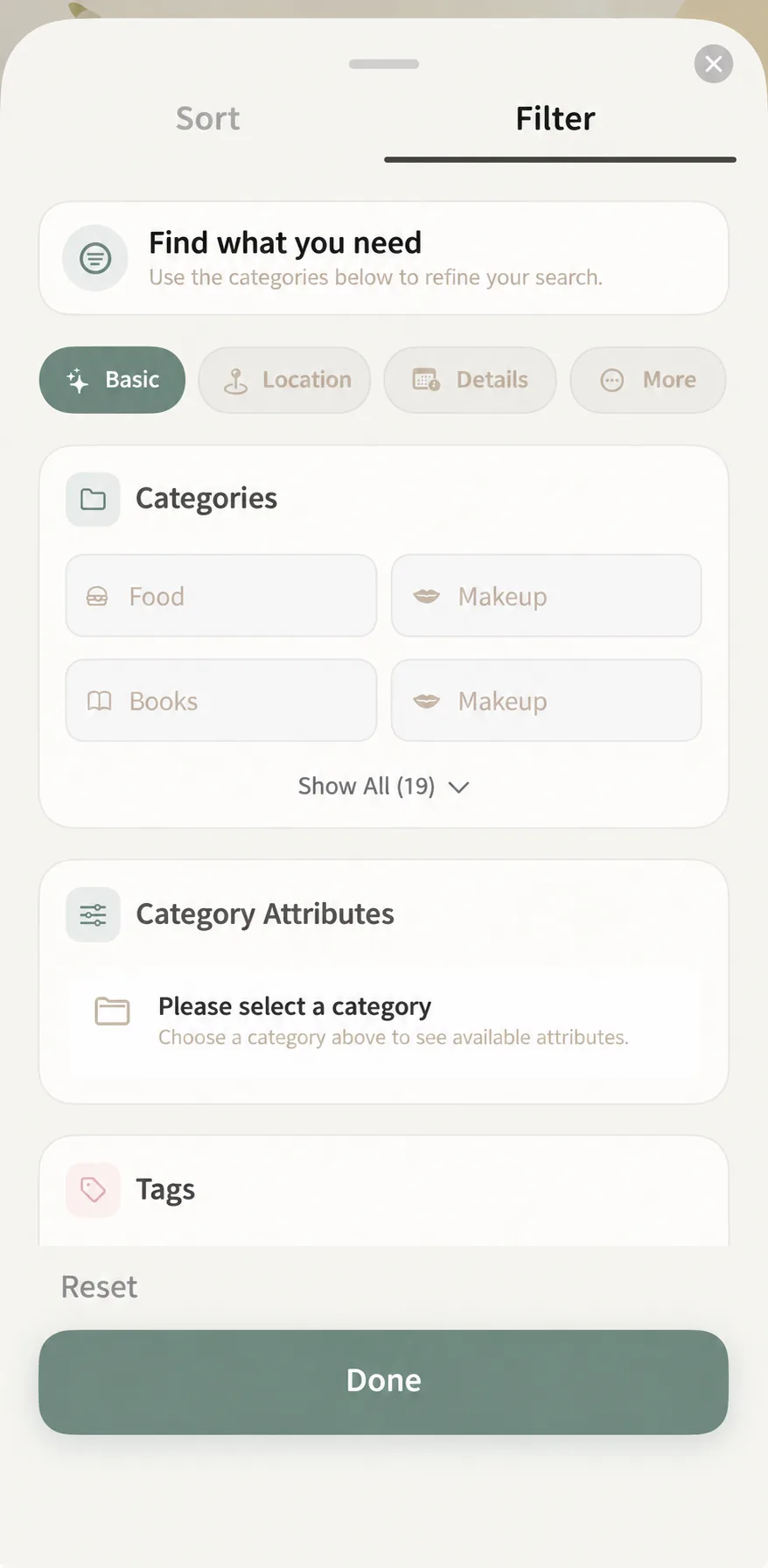 Basic filter panel showing categories and dynamic custom attributes
