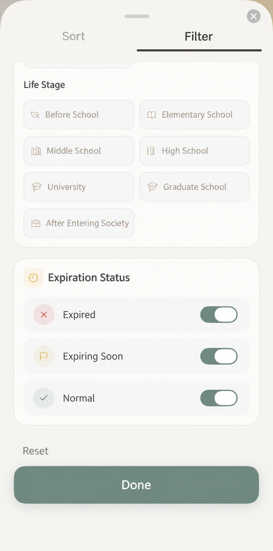 Life chapters and expiration status filters