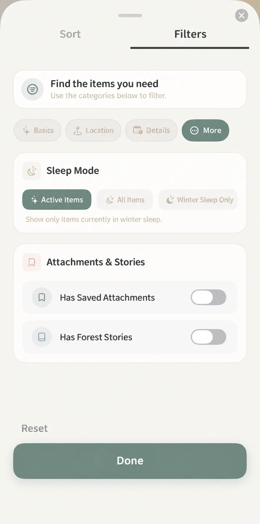 More filter tab showing hibernation modes and story attachments