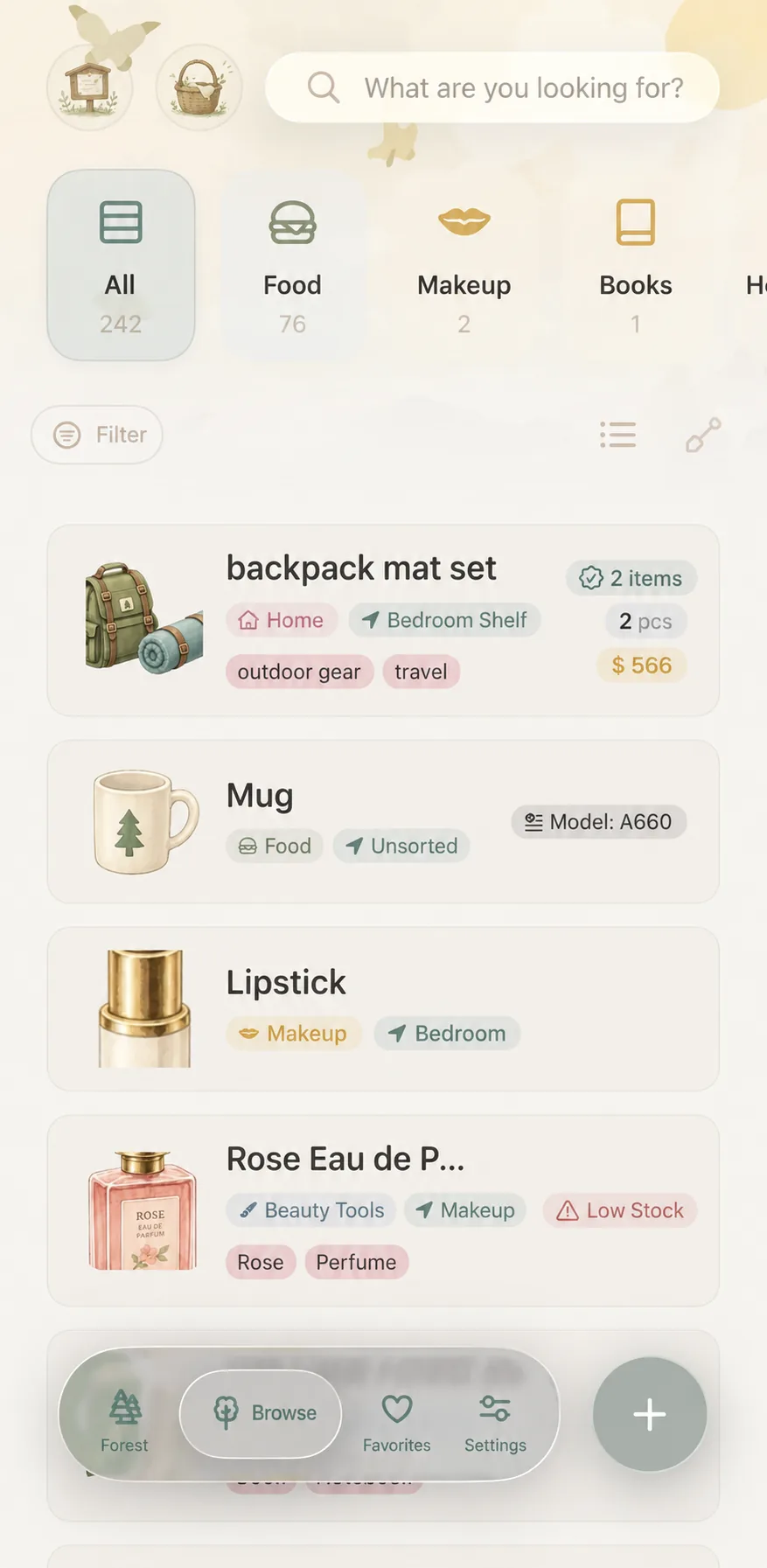 MononoMori main interface: top search bar, category quick filter capsules, and filter button entry