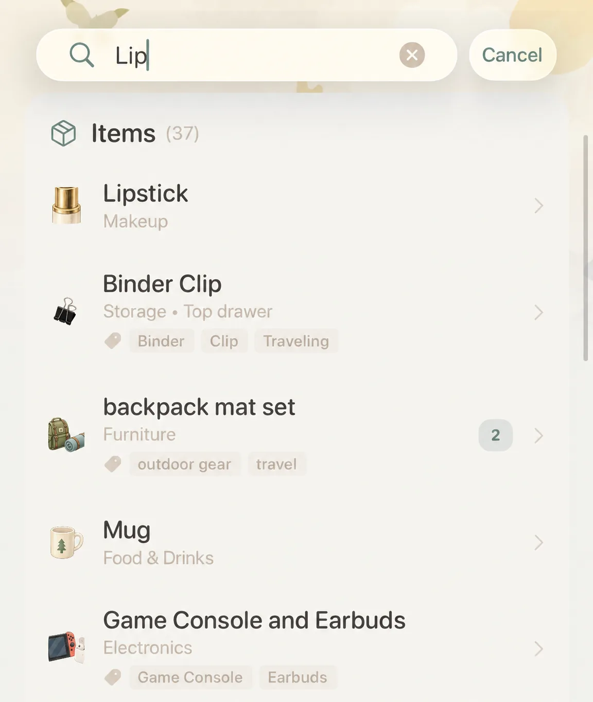 Item search results matching keyword