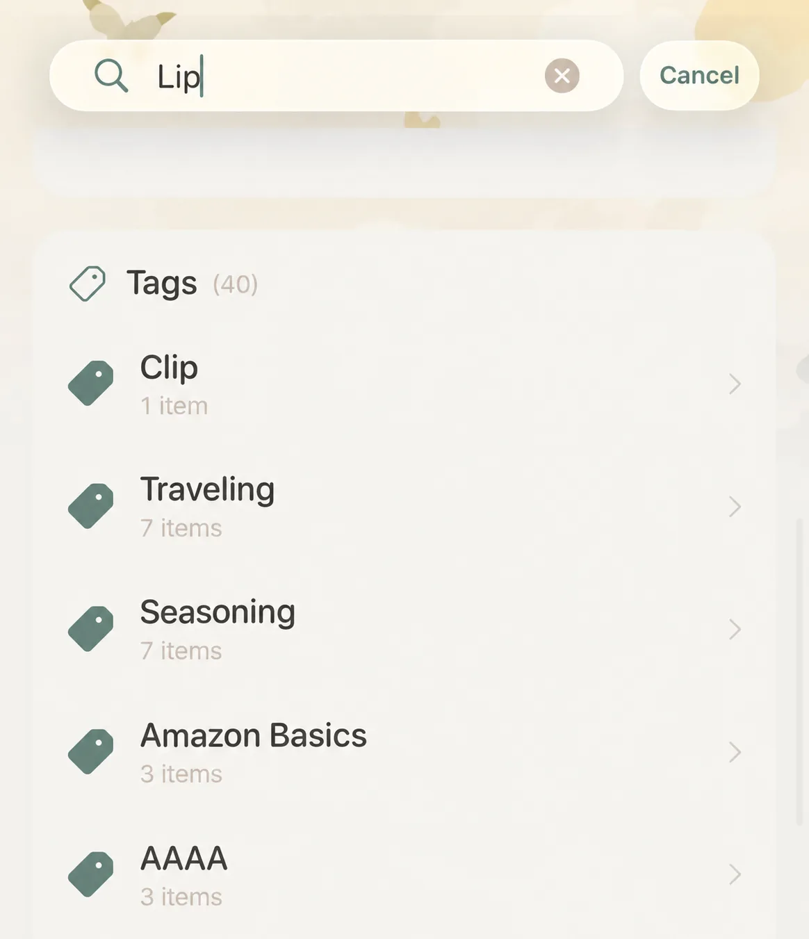 Tag search results matching keyword