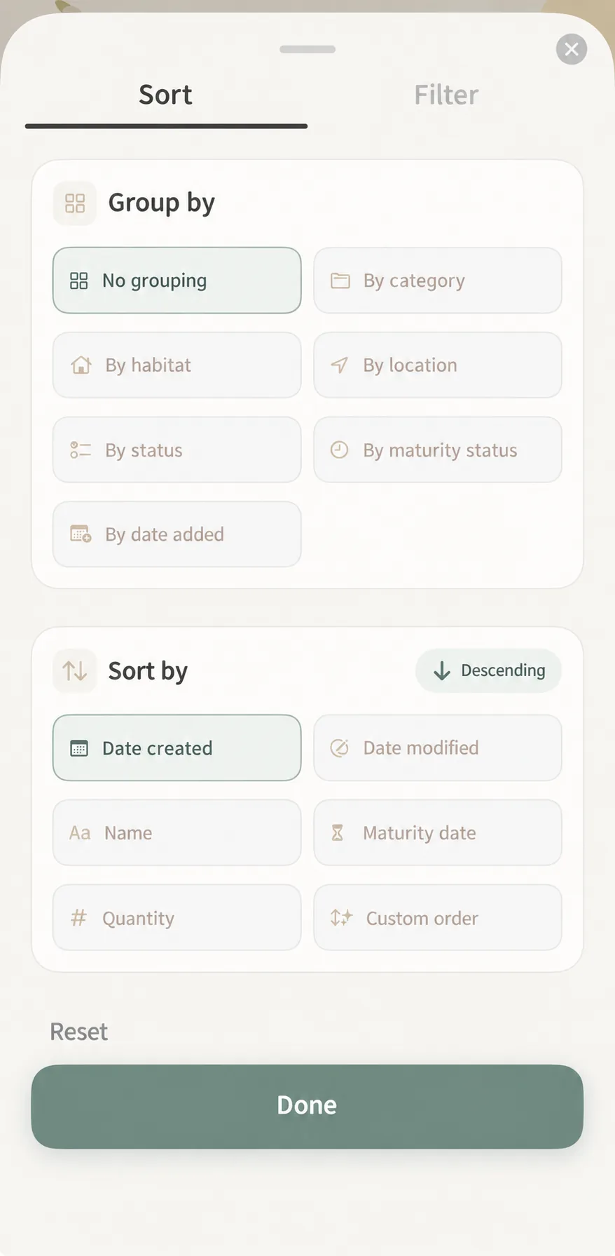 MononoMori sorting and grouping settings panel
