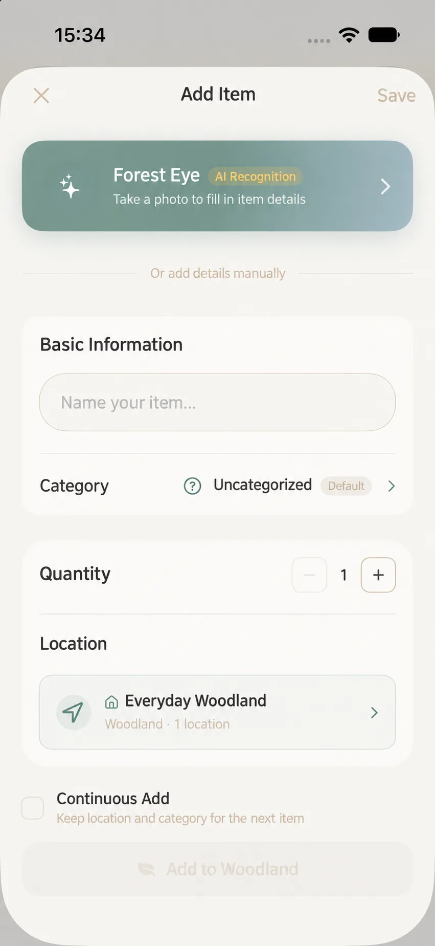 Forest Eye AI identification entry at the top of the add item form