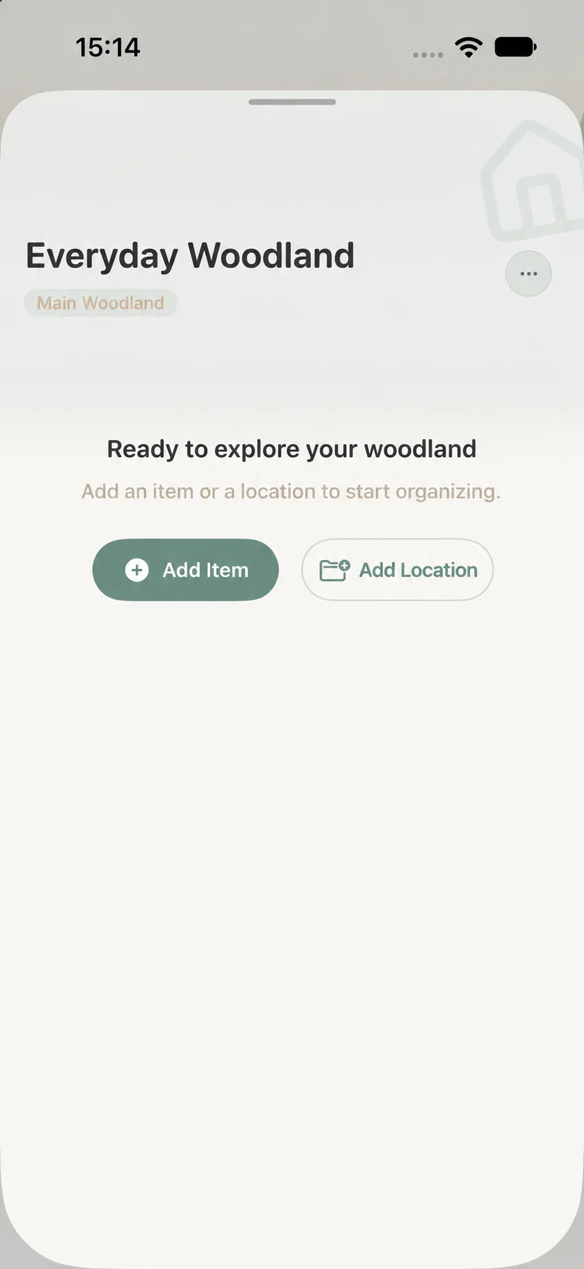 Newly created Woodland detail page showing Add Item and Add Location buttons