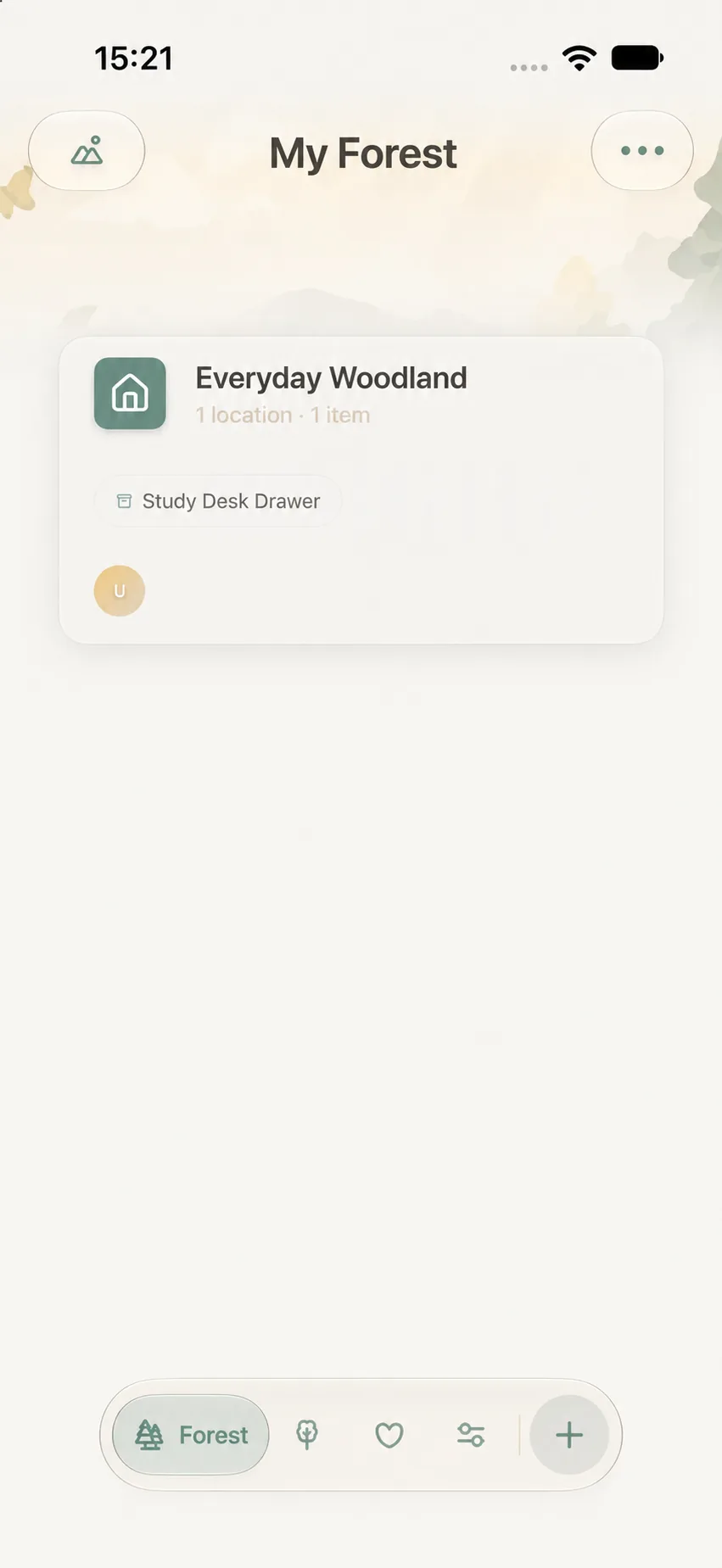 Main Forest view displaying example Woodland, Location, Item, and bottom navigation bar