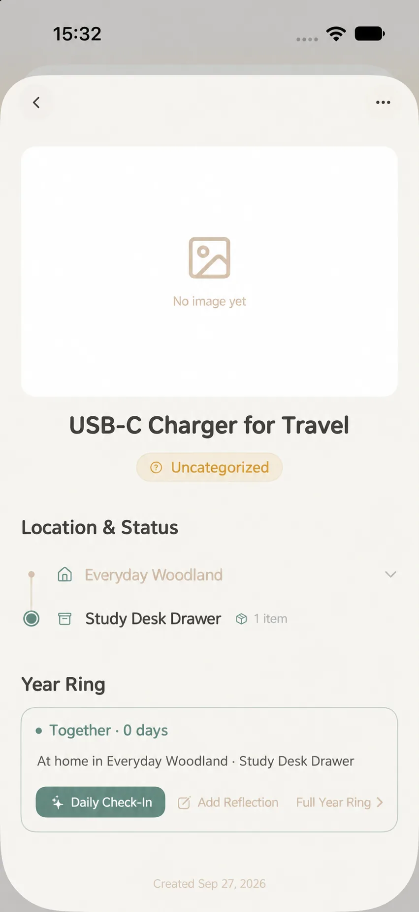 Item detail page showing parent Woodland, Location, and Year Ring card