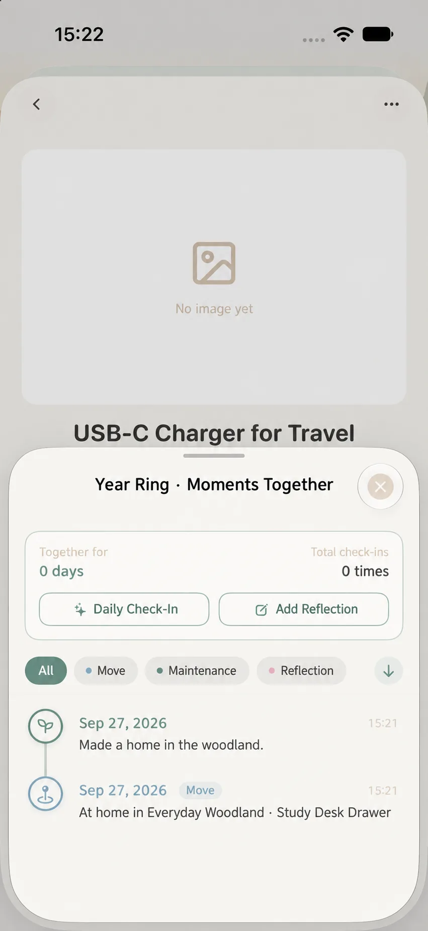 Timeline view with creation, companion check-in, and relocation entries