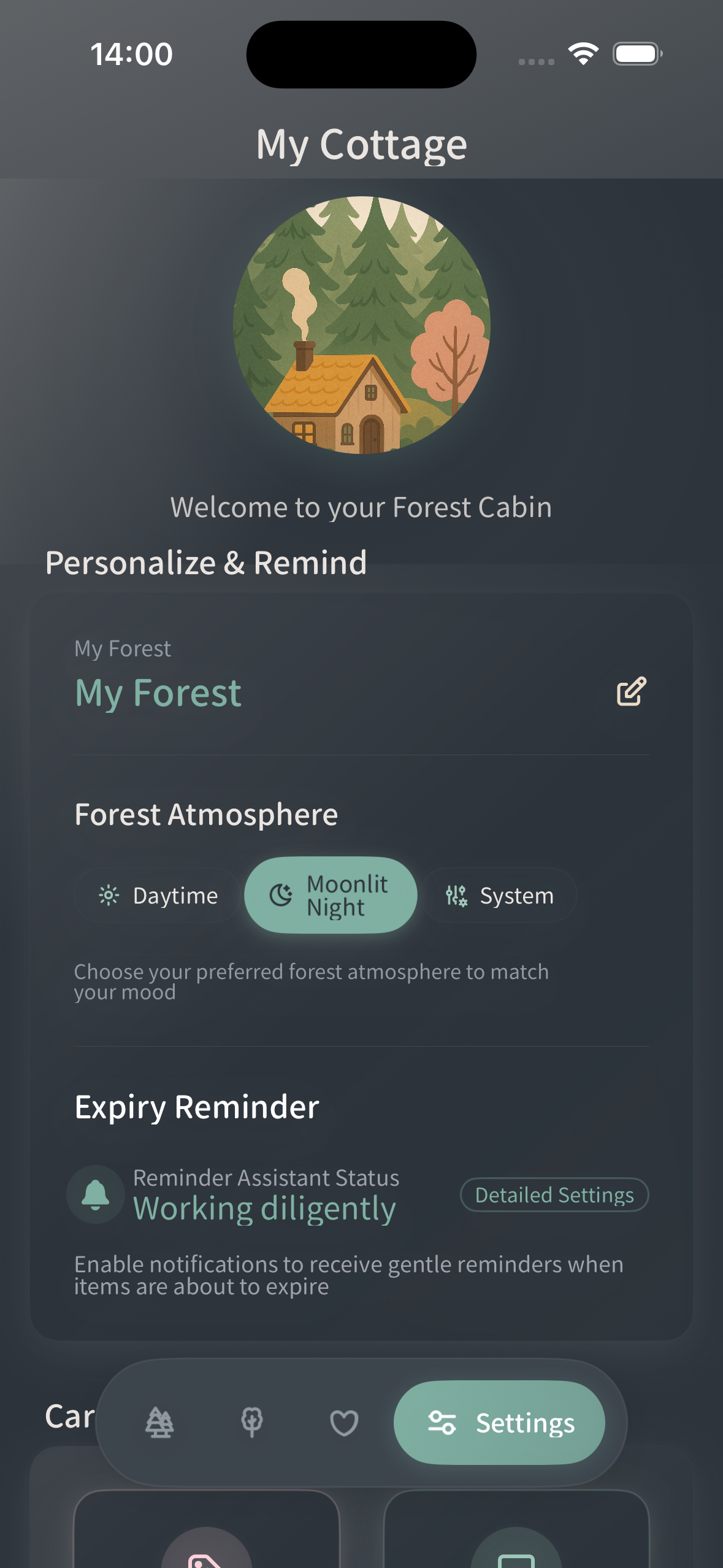 My Cottage settings interface