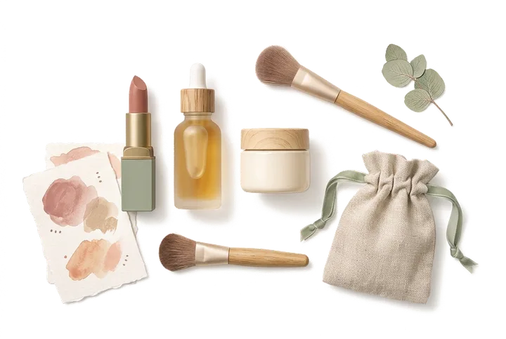 Still life illustration of lipsticks, serum dropper, face cream, and swatch color cards
