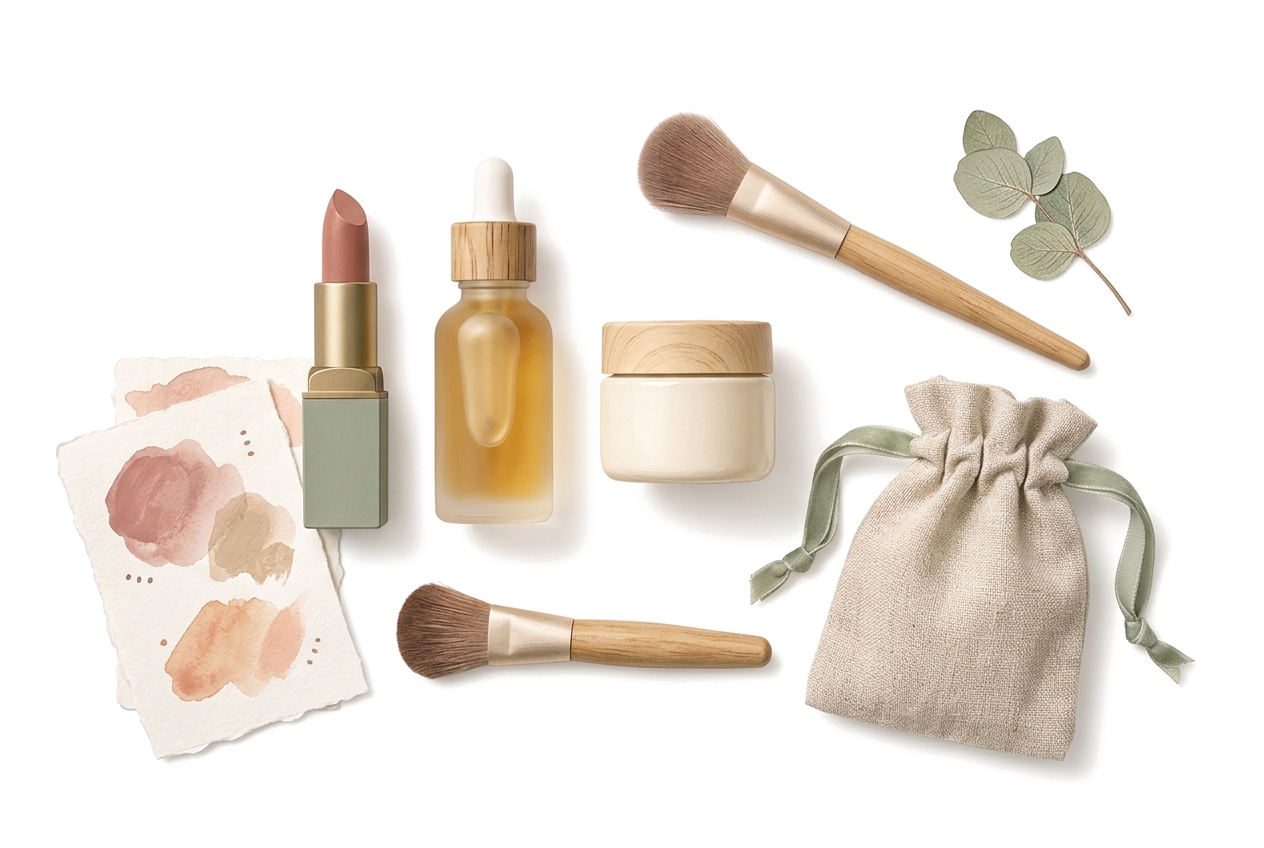 Artistic still life illustration of lipsticks, serum droppers, face cream, and swatch color cards in warm wood and sage green tones