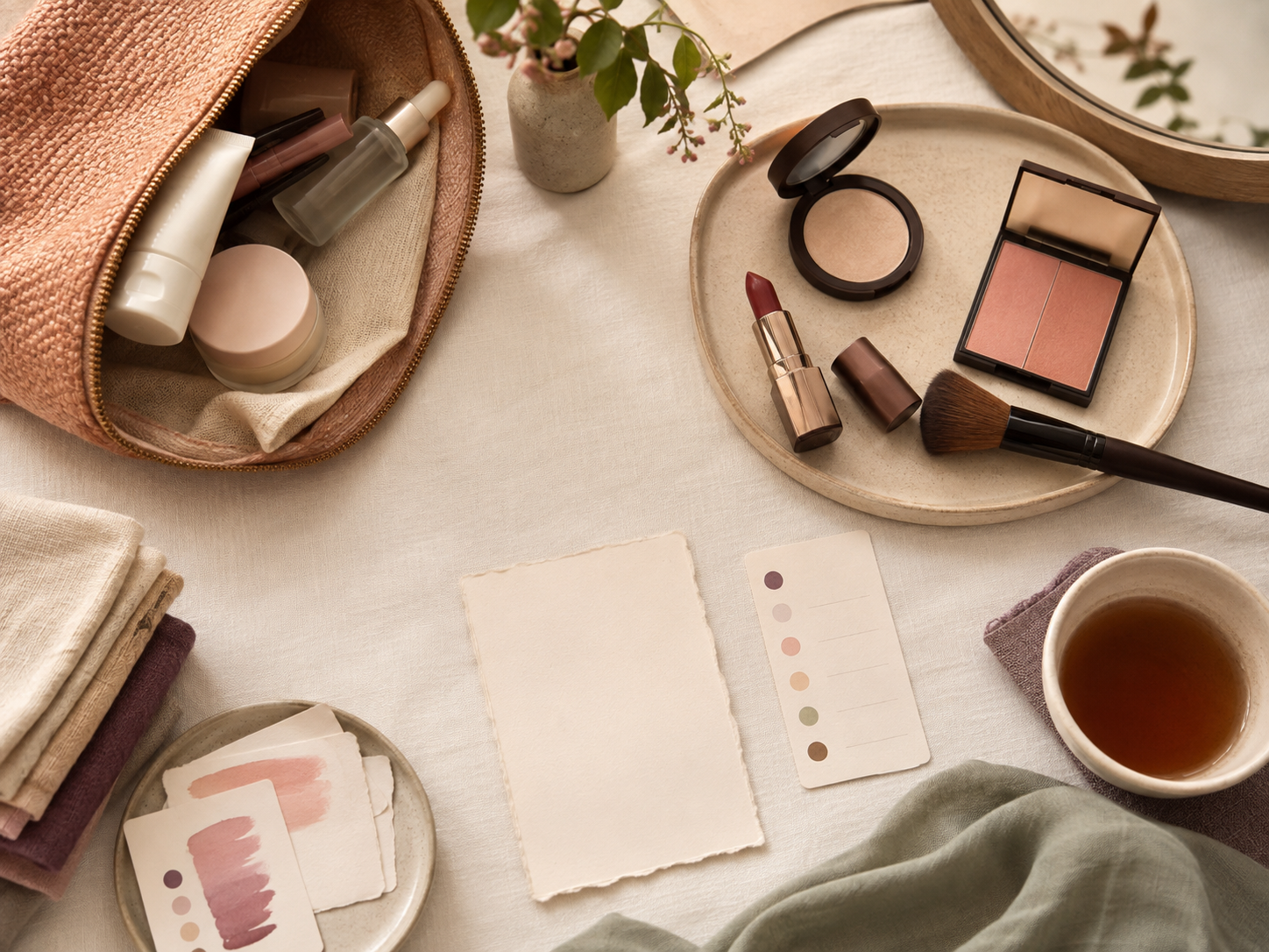 Flatlay of a makeup bag, minimal cosmetics, color swatch cards, and a warm ceramic tea cup