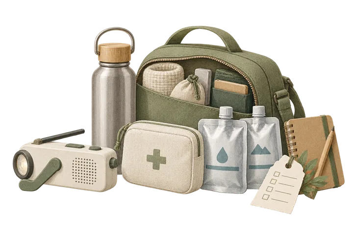 Green emergency backpack, drinking water, and first aid supplies on an entryway console
