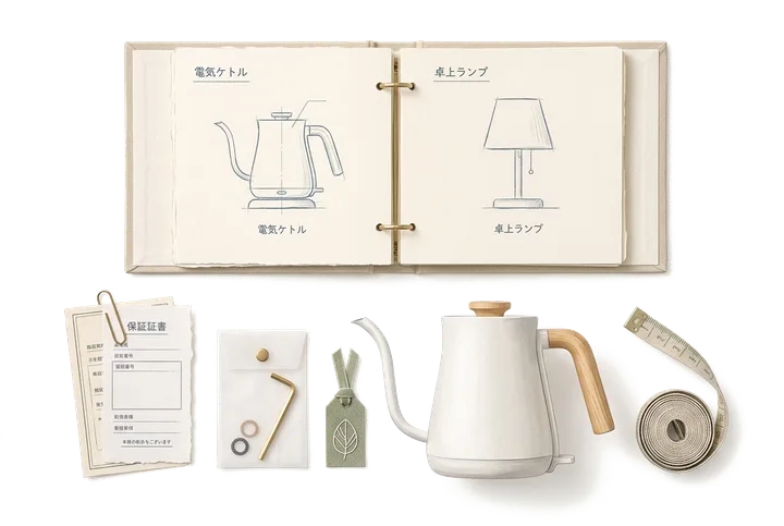 Home appliances and neatly organized documents on a sideboard