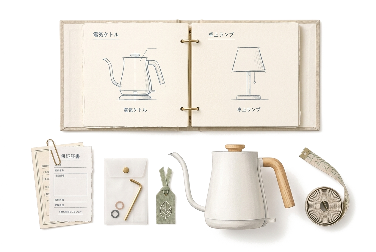 Original Japanese-style still life illustration of a fabric binder with manuals, warranty card, minimalist kettle, and accessories pouch