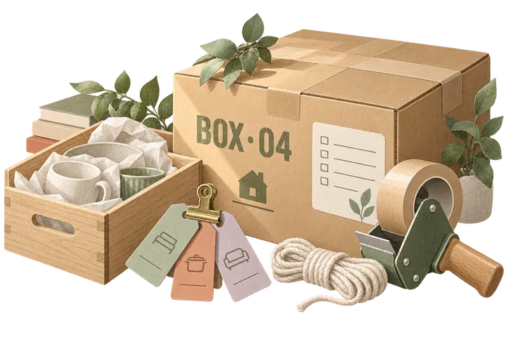 Numbered moving boxes and everyday essentials in a bright new home