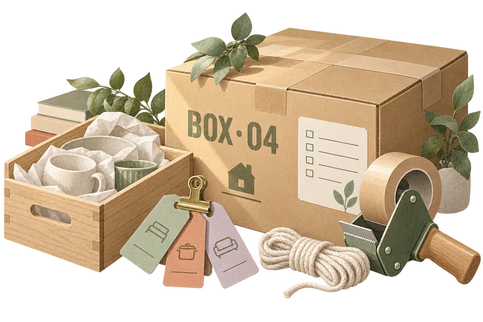 BOX·04 のラベルを貼った段ボールにカップと本、そばにガムテープとひも、植物