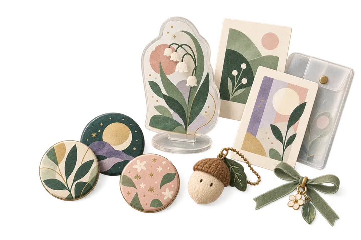 Botanical and moon-themed illustration of pins, acrylic stands, art cards, and plush charms