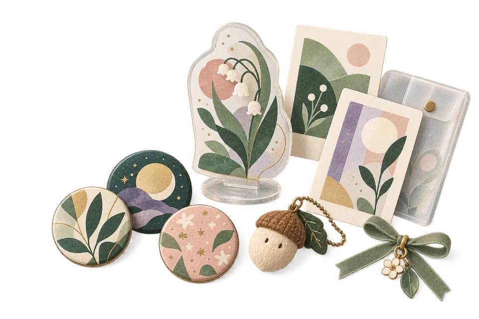 植物と月をモチーフにしたオリジナルの缶バッジ、アクリルスタンド、トレカ、どんぐりのチャーム